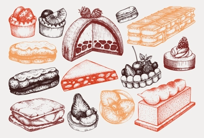 Hand drawn desserts illustrations set. Layer cakes, biscuits, eclairs, vanilla slices, tartlets, cheesecake, meringue sketches in color. Vintage food drawing for confectionery or bakery shop